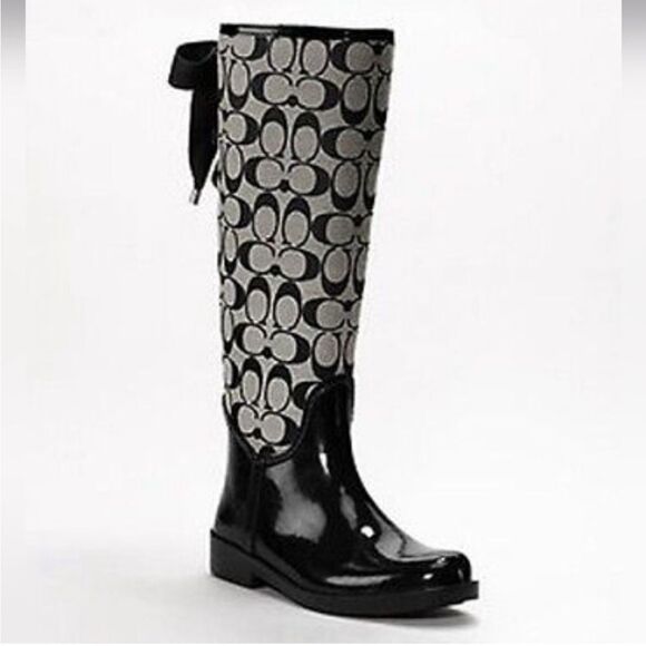 Coach Tristee Signature Logo Lace Up Back Rain Boots Black Size 7 - Picture 2 of 3
